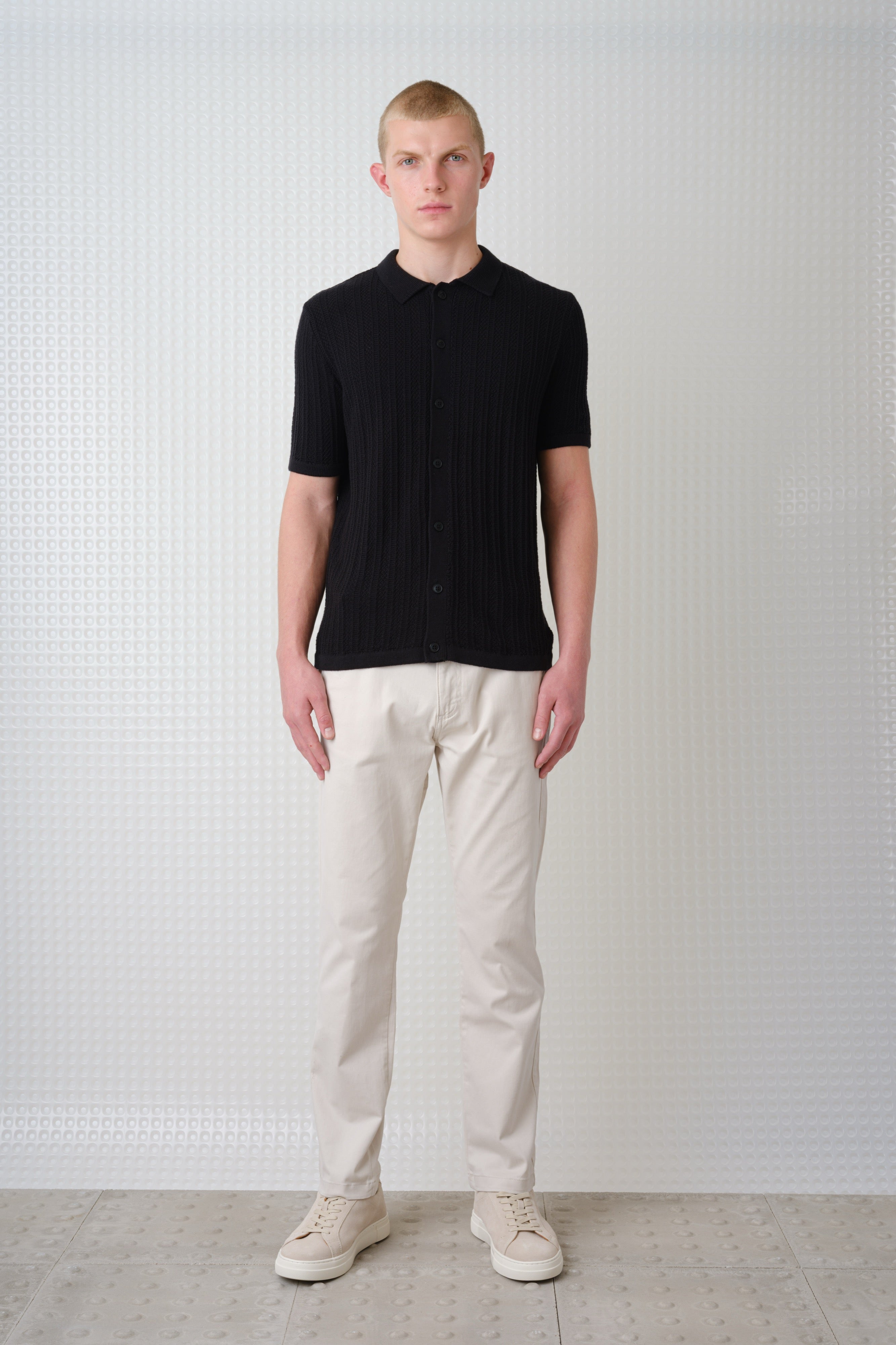 Farum - SS Button Up Knit Polo - Black