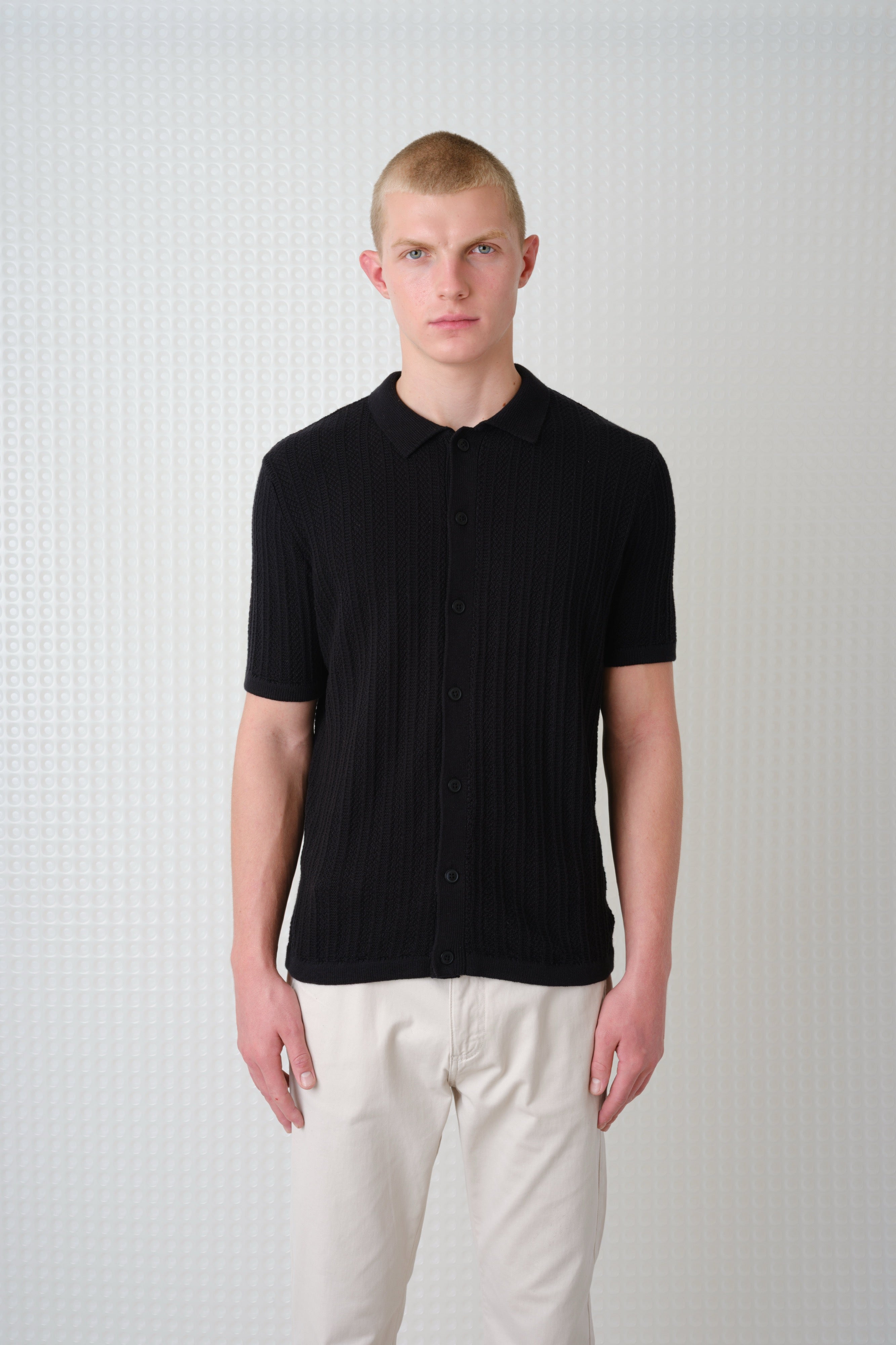Farum - SS Button Up Knit Polo - Black