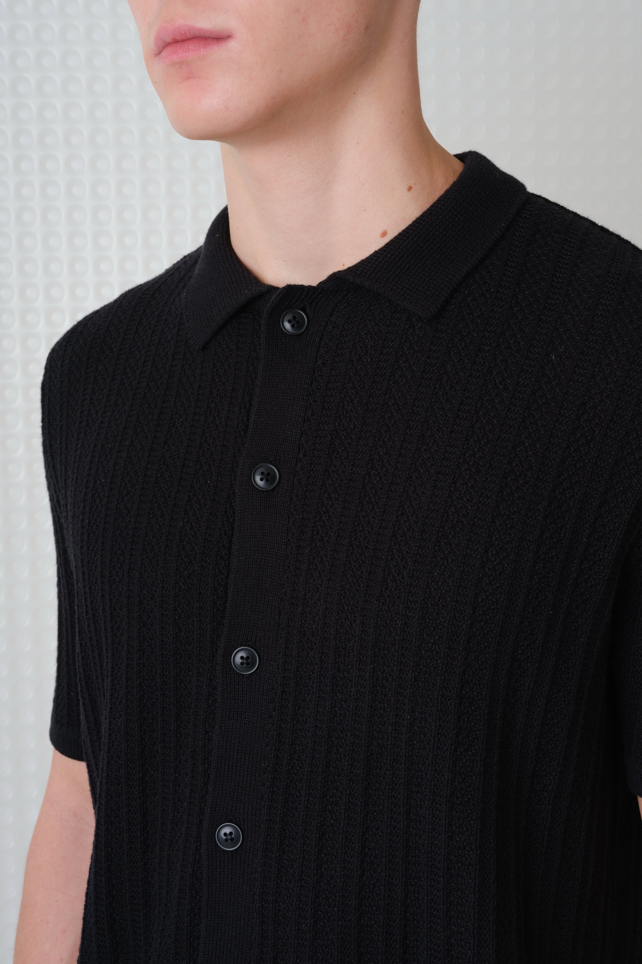 Farum - SS Button Up Knit Polo - Black
